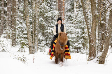 Fototapeta premium Icelandic horse and female rider in snowy Finnish forest