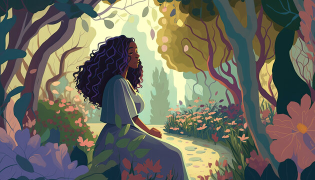 Meditating Black Woman in a Garden Black is Beautiful Block Illustration Black Women Enjoying Nature