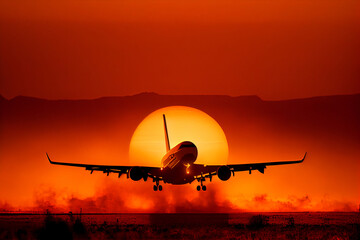 orange sunset commercial jet taking off