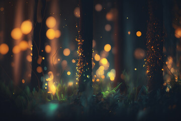 Fototapeta na wymiar Tropical and exotic night forest,Fairytale forest with mystical magic lights. Living greenery of the forest background environment,generative ai.