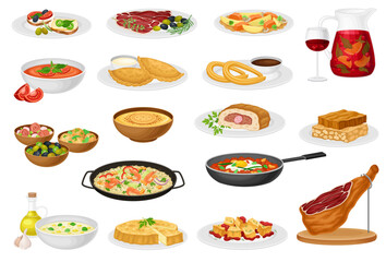 Spanish Dish and Food Served for Restaurant Menu as National Cuisine Big Vector Set
