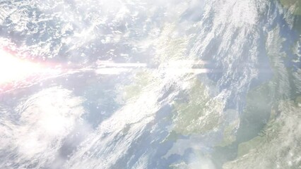 Earth zoom in from outer space to city. Zooming on Armagh, United Kingdom. The animation continues by zoom out through clouds and atmosphere into space. Images from NASA