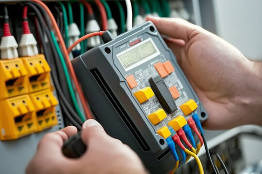 Hand of an electrician  tests electrical installations and wires on relay protection system. The process of connecting wires. generative AI