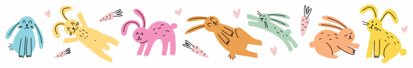 Vector collection of Easter bunnies hand-drawn in doodle style