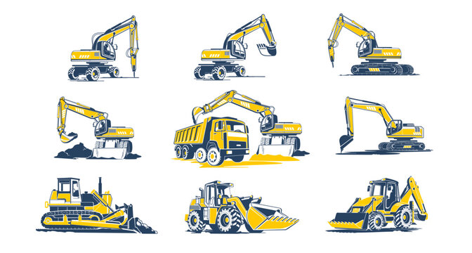 Excavator, bulldozer and more construction machinery icons set. Black and yellow construction machine icons, vector illustrations on white.
Excavator, bulldozer and more construction machinery icons s