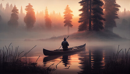 Naklejka na ściany i meble A man in a canoe on a misty lake at sunset, generative ai