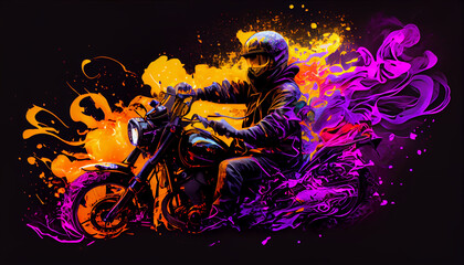 A man riding motorcycle in colorful smoke, generative ai