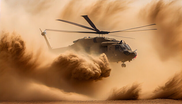 Army helicopter landing in desert with full of sand around, generative ai