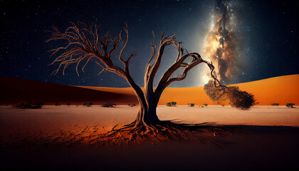 Dry tree in the middle of desert under the stars and milky way, generative ai