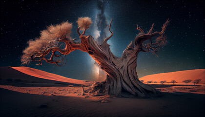 Obraz na płótnie Canvas Dry tree in the middle of desert under the stars and milky way, generative ai