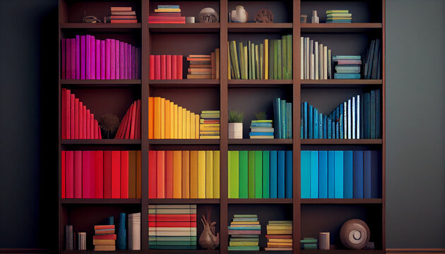 Book Case Organized By Color, Rainbow Bookcase, Generative Ai