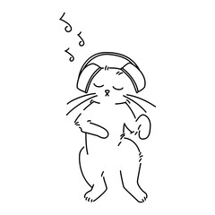 Fun and energetic black and white vector illustration of a cat standing and dancing while wearing headphones.. Vector isolated animal for stickers, emoji, decor, cards, patterns. Stylized pet