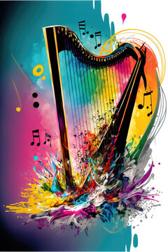 a special modern harp illustration with splashes everywhere, generative ai technology