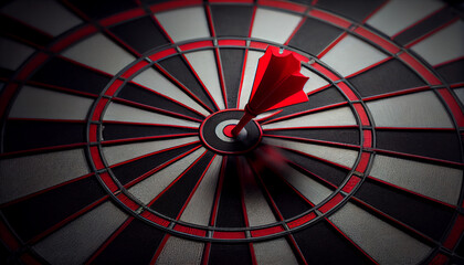 Red dart aimed in center of the board, display of success, sucessful visualisation, generative ai