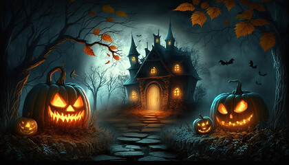 Fototapeta na wymiar Halloween background with glowing pumpkins and haunted house, Generative ai