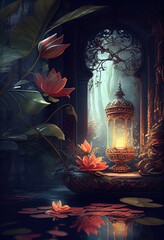 Magic lamp, fairy tale garden with glowing light in candle  lantern and lotus flowers, water lilies in water at night. Background for Diwali, Deepavali, lights festival. Generative AI illustration