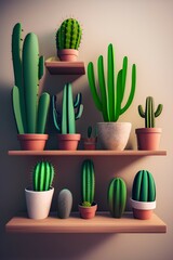 Aesthetic home with cactus and plants on a wooden shelf - generative ai