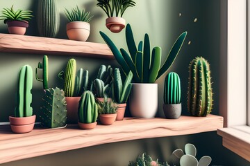Aesthetic home with cactus and plants on a wooden shelf - generative ai