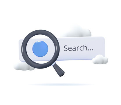 3d search tab. SEO magnifying glass 3d search icon, optical search. UI UX interface research magnifier. SEO analytics