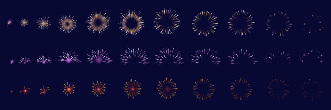 Firework animation. Fireworks sequence set, gathering light particle firecracker explosion effect, christmas holiday pyrotechnic burst up 2d sprite sheet, neat vector illustration