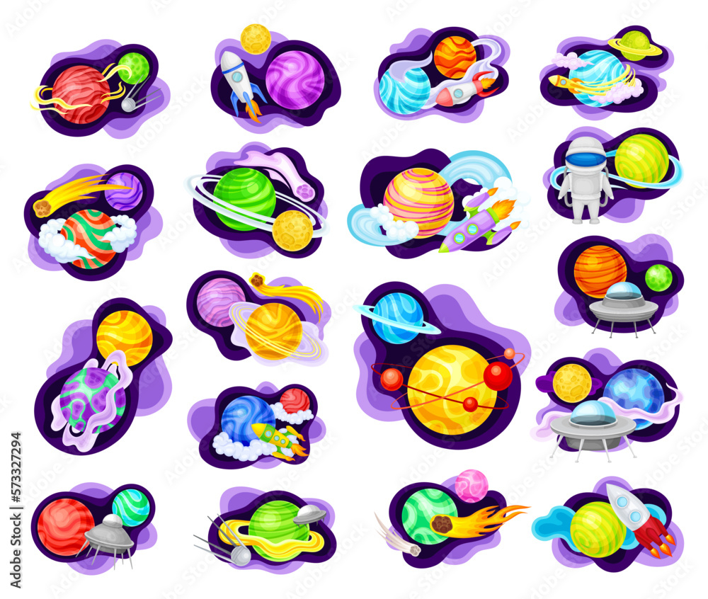 Poster cosmos with celestial body and flying spaceship on fluid purple shape vector composition set