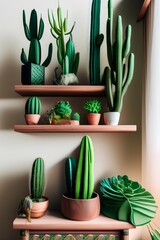 Aesthetic home with cactus and plants on a wooden shelf - generative ai