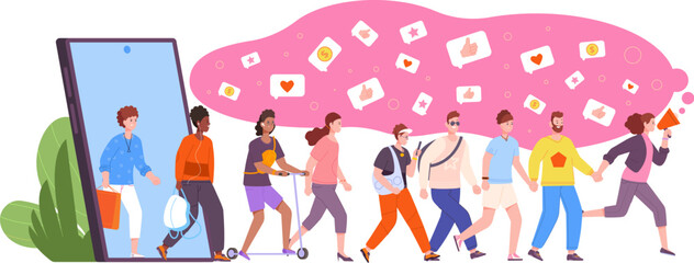 Mobile referral program. People walking from phone refer a friend concept, recommend loyalty customer marketing banner online affiliate invite friends, splendid vector illustration