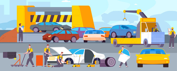 Car junkyard. Recycling metal scrap abandoned cars, dismantling old rusty auto junk, scrapyard trash vehicle dump mechanics parts smashed automobile, splendid vector illustration