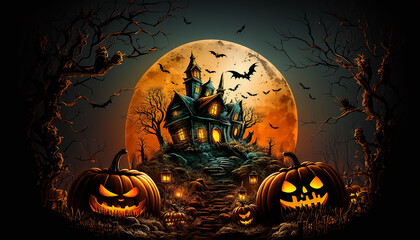 Halloween background with glowing pumpkins and haunted house, Generative ai