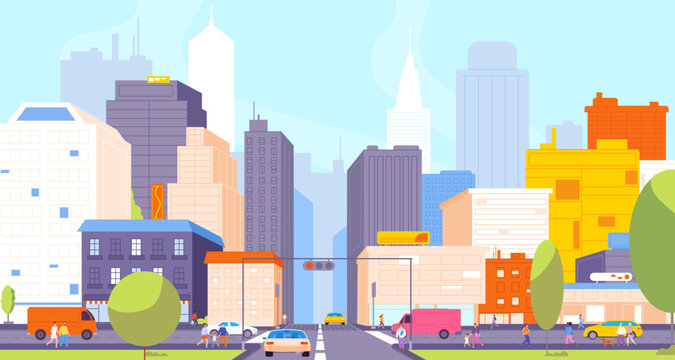 Panoramic city crossroads. City street moving road scene, road junction in downtown panorama town houses outside office buildings skyline background, splendid vector illustration