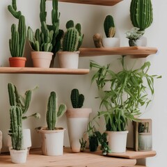 Aesthetic home with cactus and plants on a wooden shelf - generative ai