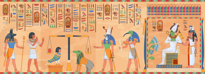 Egyptian mural. Egypt temple religious fresco, ethnic ancient murals antiquity art wall antique mythology hieroglyph ornament frame death borderwall ingenious vector illustration © ssstocker