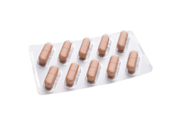 Vitamin supplement tablets in a package of biologically active additives isolated transparent background, png.
