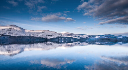 Fototapeta na wymiar Snowy reflections on a still Derwentwater lake