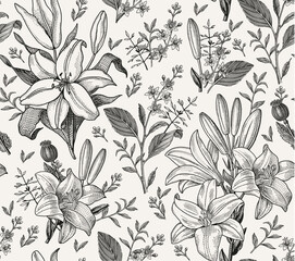 Seamless pattern Lily Lilia wildflowers set. Beautiful blooming realistic isolated flowers. Vintage retro background fabric. Wallpaper baroque. Drawing engraving sketch. Vector victorian illustration
