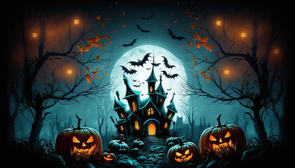 Halloween background with glowing pumpkins and haunted house, Generative ai