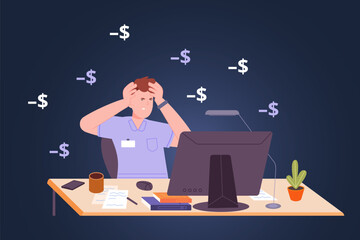 Paying stress. Sad worker financial troubles, depressed man at work desk, bad finances money budget lost bill job risks debts pay data tax rent boss bankruptcy vector illustration