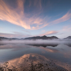View of Derwentwater reflecting the sky on a still Autumn 