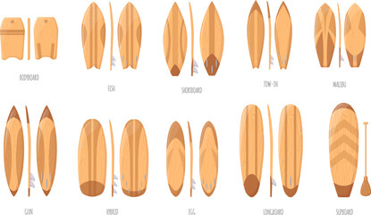 Wooden surfboards. Wood surf board types, surfboard with paddle or fish shape, hawaiian luau surfboarding collection, surfing gear set longboard side back neat vector illustration
