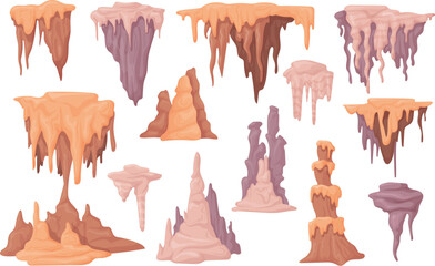 Stalagmites. Stalagmite and stalactite underwater cave or stone cavern, limestone formations geological speleology exploration rock spike mineral structure neat vector illustration