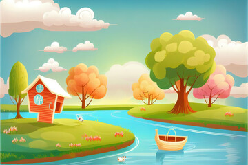 a cartoon illustration with a boat and a lake, cute art, generative ai technology