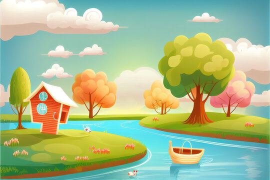 a cartoon illustration with a boat and a lake, cute art, generative ai technology