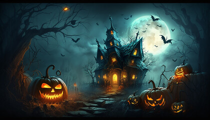 Obraz na płótnie Canvas Halloween background with glowing pumpkins and haunted house, Generative ai