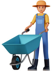 Farmer in overalls, hat and rubber boots pushing wheelbarrow 3d illustration. 3d illustration of farmer man push wheelbarrow front view