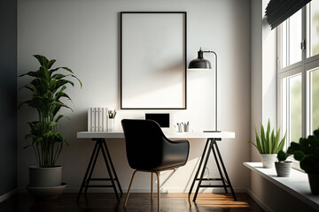 Mockup of wall poster frame on the working room, with modern contemporary minimalist style interior, natural warm light, generative AI. suitable for place your desgin product