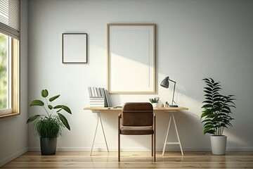 Mockup of wall poster frame on the working room, with modern contemporary minimalist style interior, natural warm light, generative AI. suitable for place your desgin product