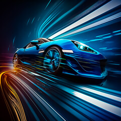 Car with motion lighting background, Lights of cars with night. Speeding Sports Car On Neon Highway. Powerful acceleration of a supercar on a night track with colorful lights and trails, generative AI