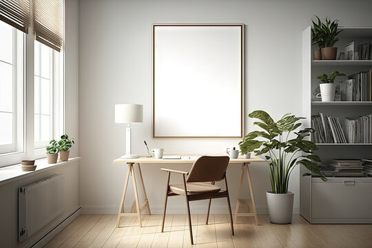 Mockup of wall poster frame on the working room, with modern contemporary minimalist style interior, natural warm light, generative AI. suitable for place your desgin product