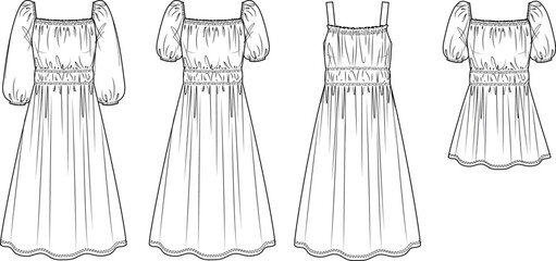 Vector maxi bohemian dress fashion CAD, woman flared square neck long dress technical drawing, template, sketch, flat, mock up. Jersey or woven fabric mini 4 pcs dress with front view, white color