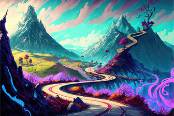 a strange fairytale world with a lot of colors and a long road, generative ai technology